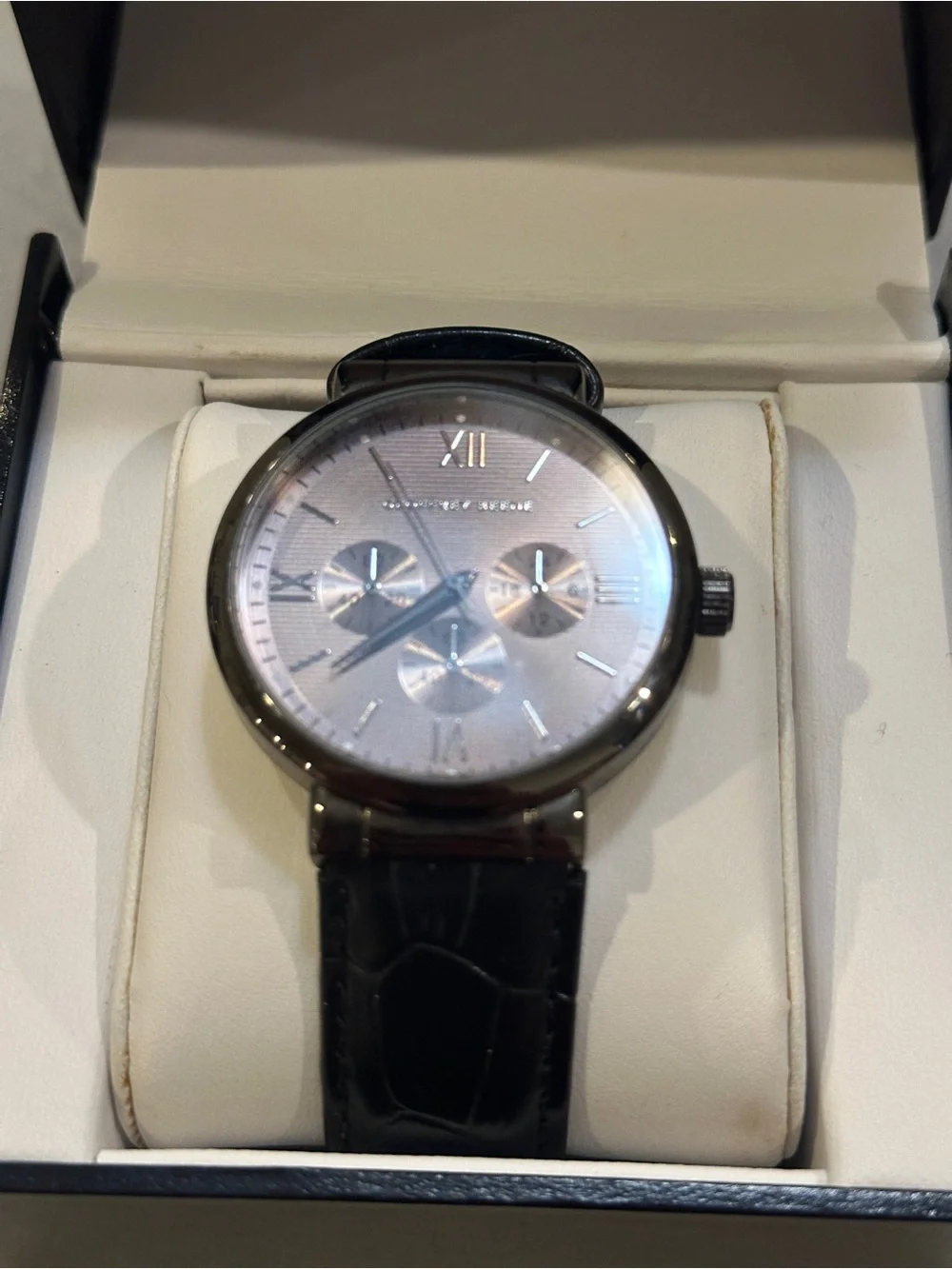 Geoffrey Beene In Box Men's Silver Black Leather Strap Watch **Needs Battery**